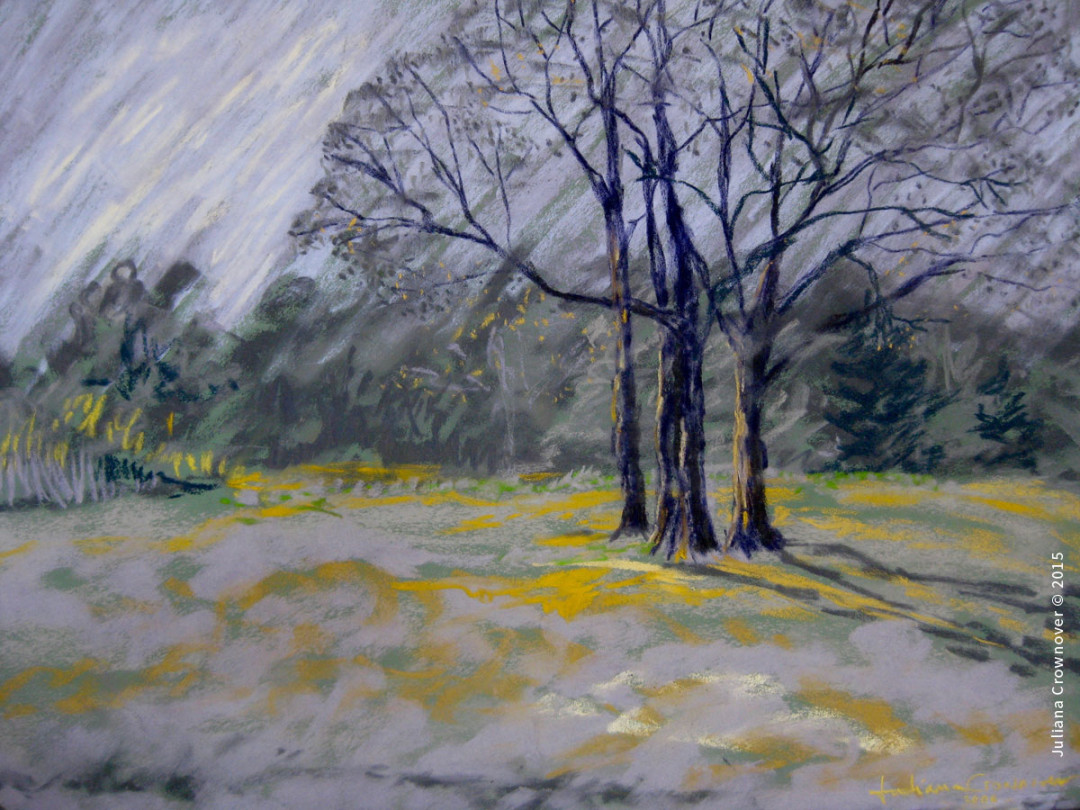painting first light yellow violet beautiful morning trees Juliana Crownover