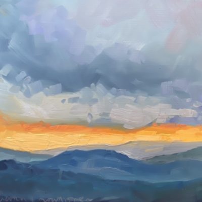 Mountain and Sky dressed in Blue Sweater with Yellow Stripe
