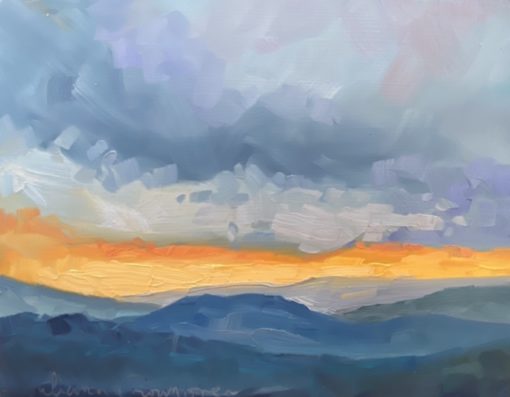 Mountain and Sky dressed in Blue Sweater with Yellow Stripe